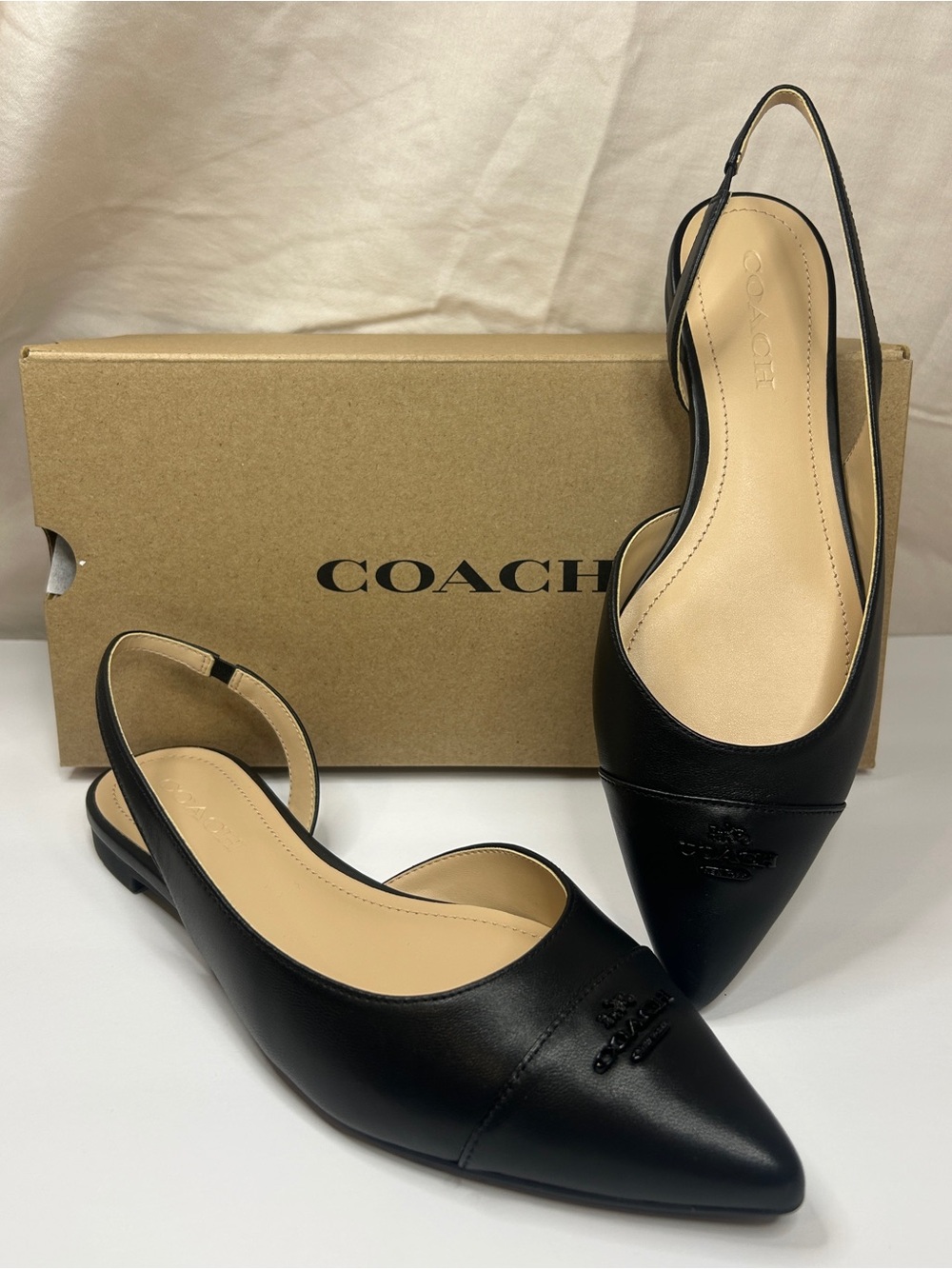 Coach Black Leather Pointed Slingback Flats